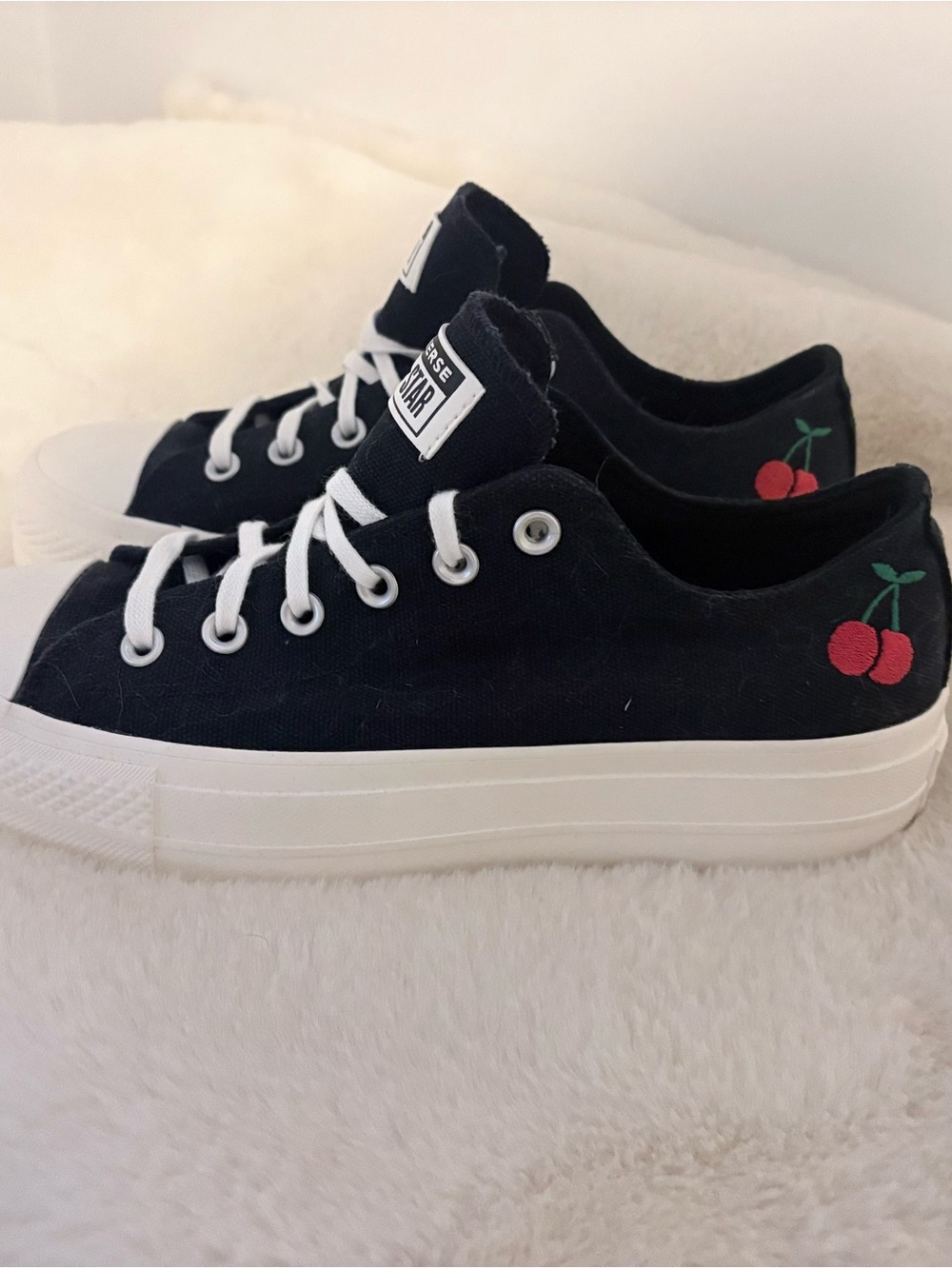 Converse Black Low-Top Platform Sneakers with Red Cherry Embroidery. US Size 9.5